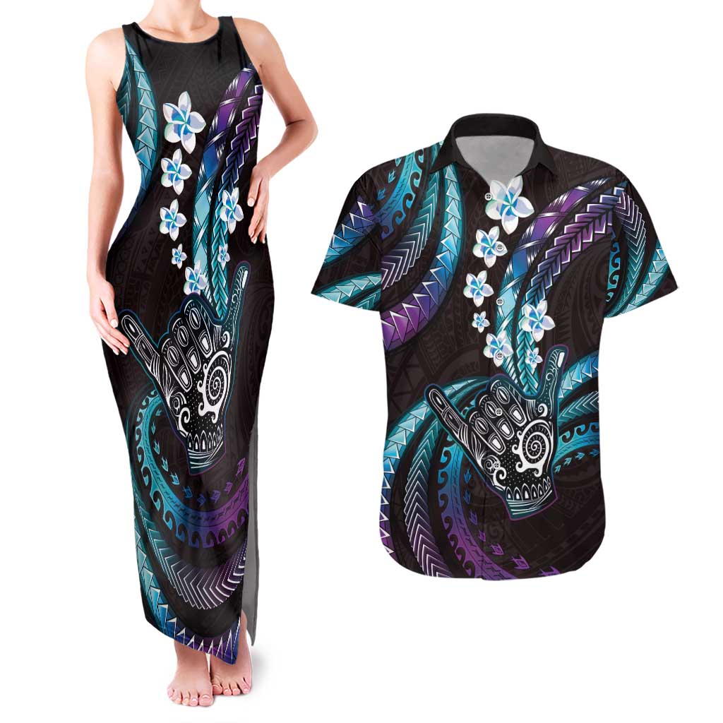 Hawaii Shaka Sign Couples Matching Tank Maxi Dress and Hawaiian Shirt Fantastic Frangipani Amethyst Gradient LT01 Purple - Polynesian Pride