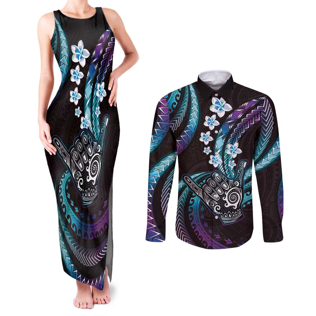 Hawaii Shaka Sign Couples Matching Tank Maxi Dress and Long Sleeve Button Shirt Fantastic Frangipani Amethyst Gradient LT01 Purple - Polynesian Pride