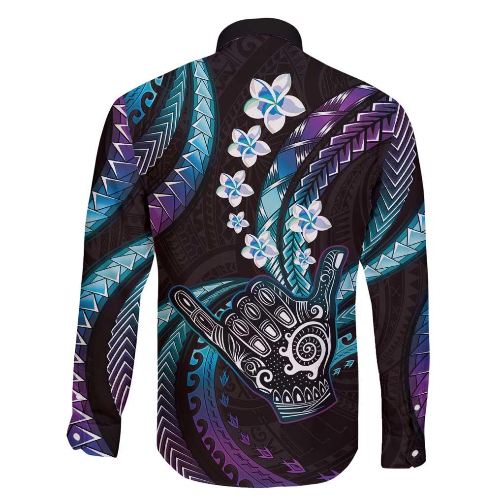 Hawaii Shaka Sign Family Matching Long Sleeve Bodycon Dress and Hawaiian Shirt Fantastic Frangipani Amethyst Gradient
