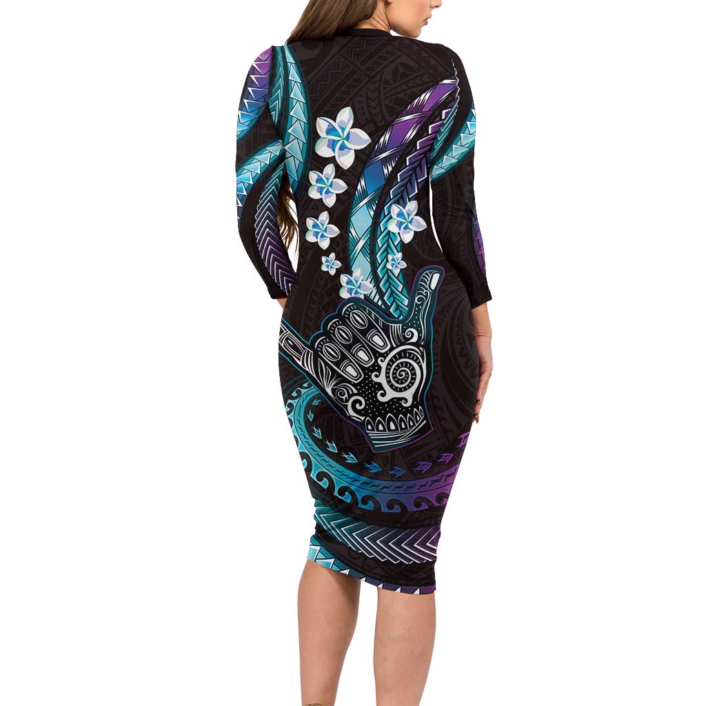 Hawaii Shaka Sign Family Matching Long Sleeve Bodycon Dress and Hawaiian Shirt Fantastic Frangipani Amethyst Gradient