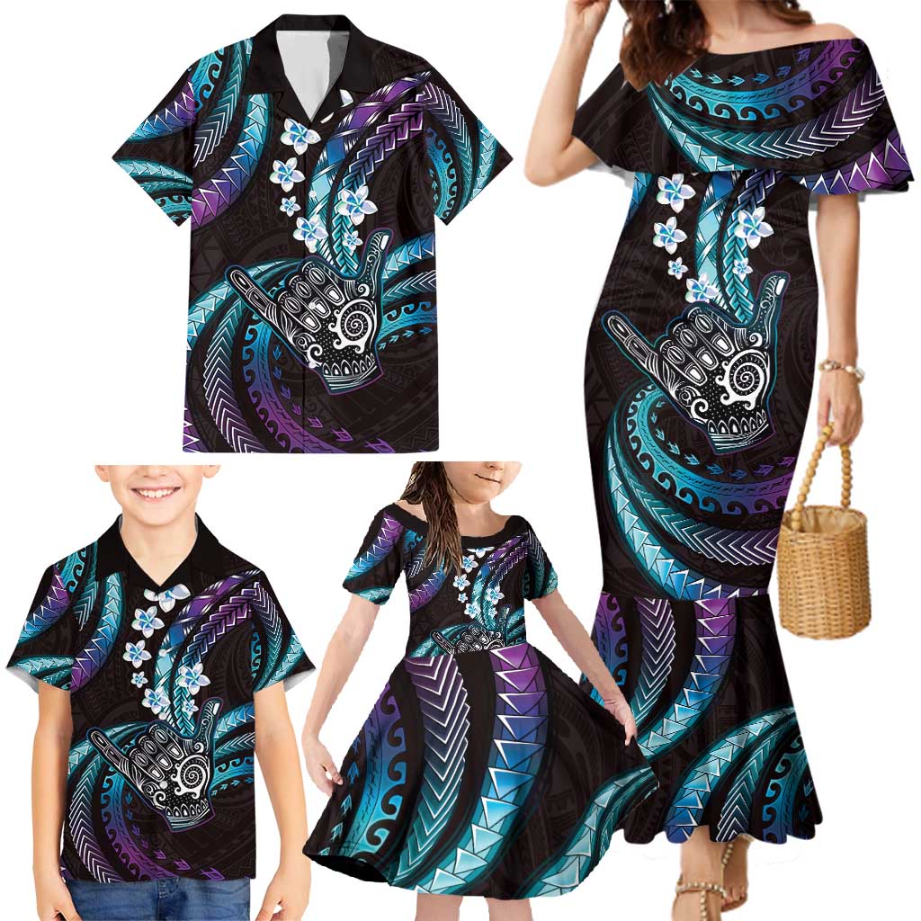 Hawaii Shaka Sign Family Matching Mermaid Dress and Hawaiian Shirt Fantastic Frangipani Amethyst Gradient