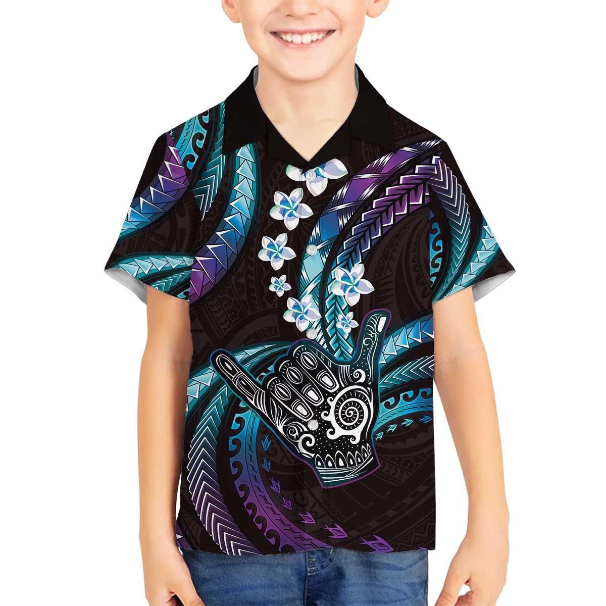 Hawaii Shaka Sign Family Matching Off The Shoulder Long Sleeve Dress and Hawaiian Shirt Fantastic Frangipani Amethyst Gradient