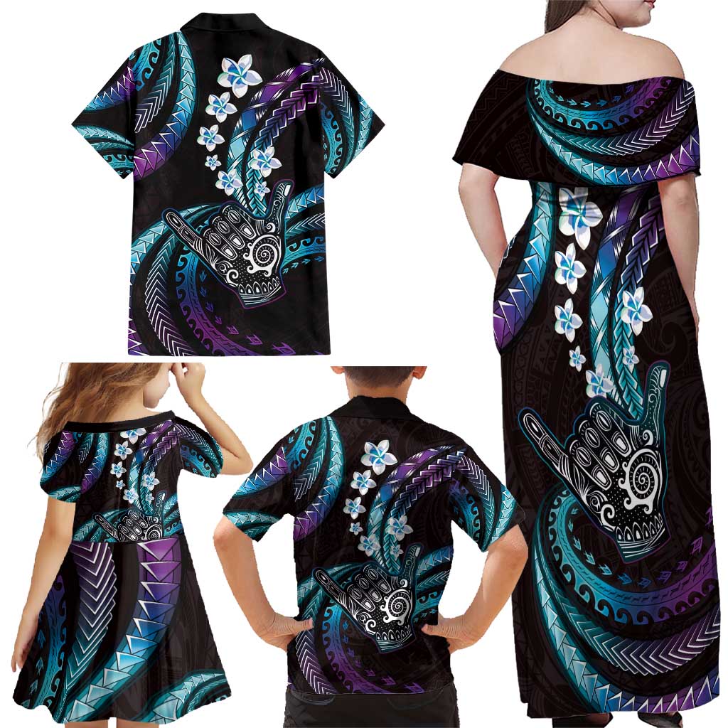 Hawaii Shaka Sign Family Matching Off Shoulder Maxi Dress and Hawaiian Shirt Fantastic Frangipani Amethyst Gradient
