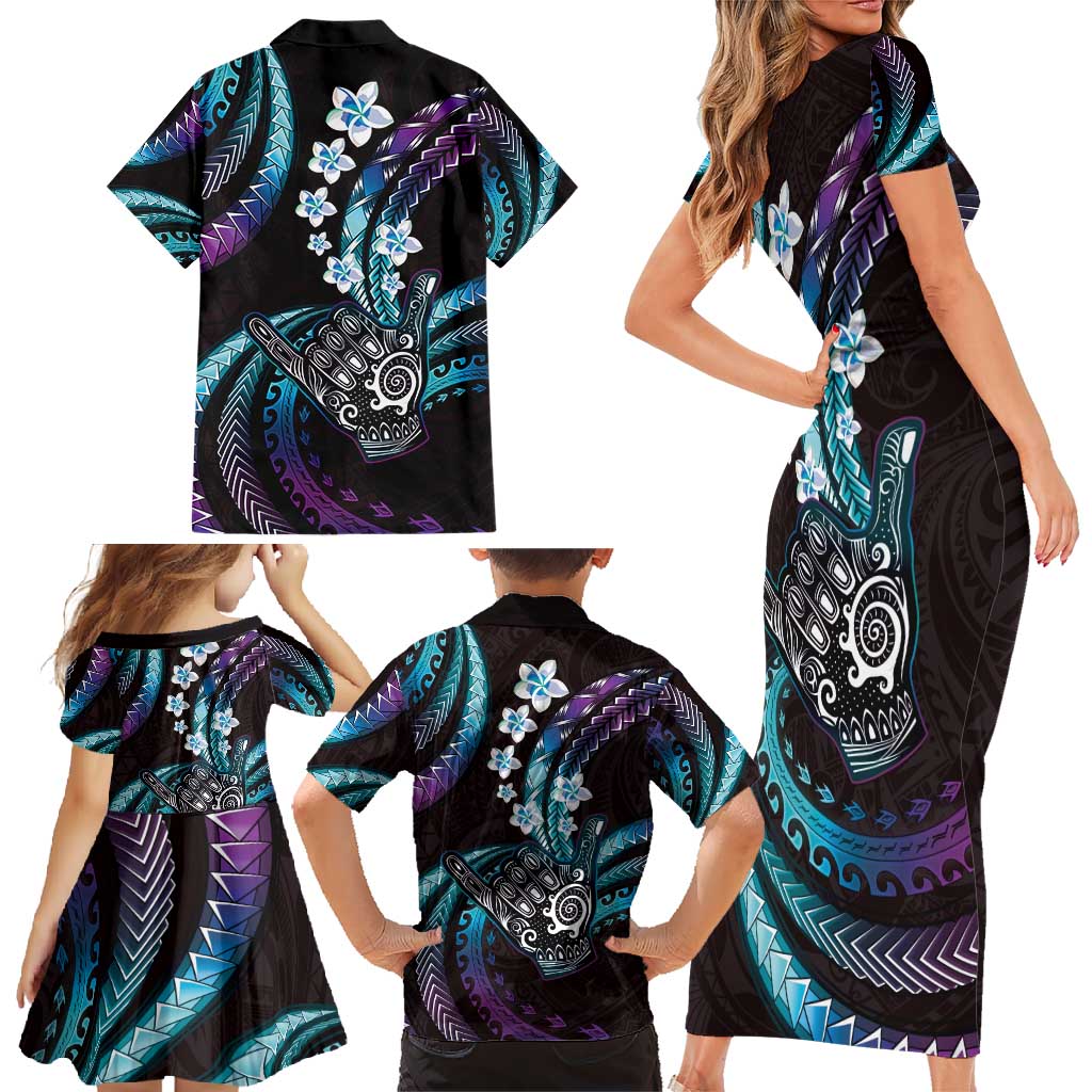 Hawaii Shaka Sign Family Matching Short Sleeve Bodycon Dress and Hawaiian Shirt Fantastic Frangipani Amethyst Gradient