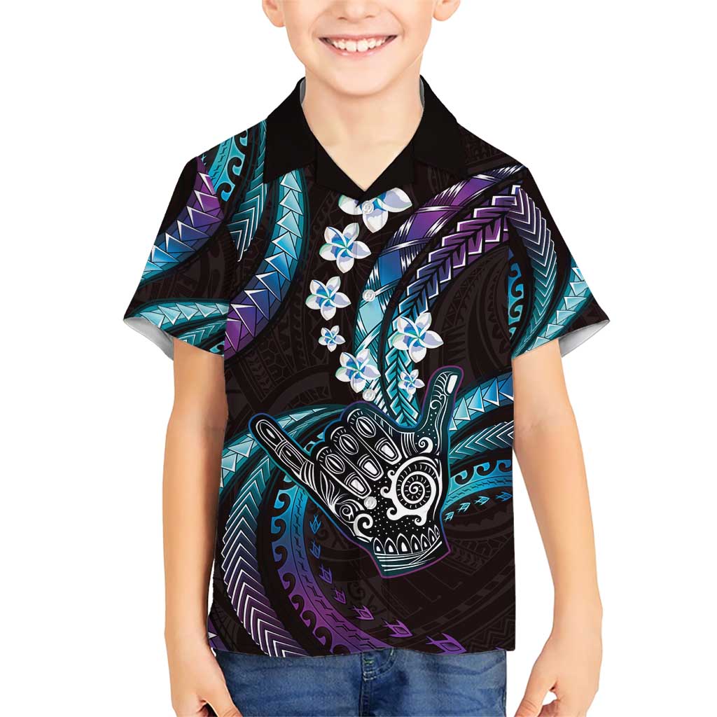 Hawaii Shaka Sign Family Matching Short Sleeve Bodycon Dress and Hawaiian Shirt Fantastic Frangipani Amethyst Gradient