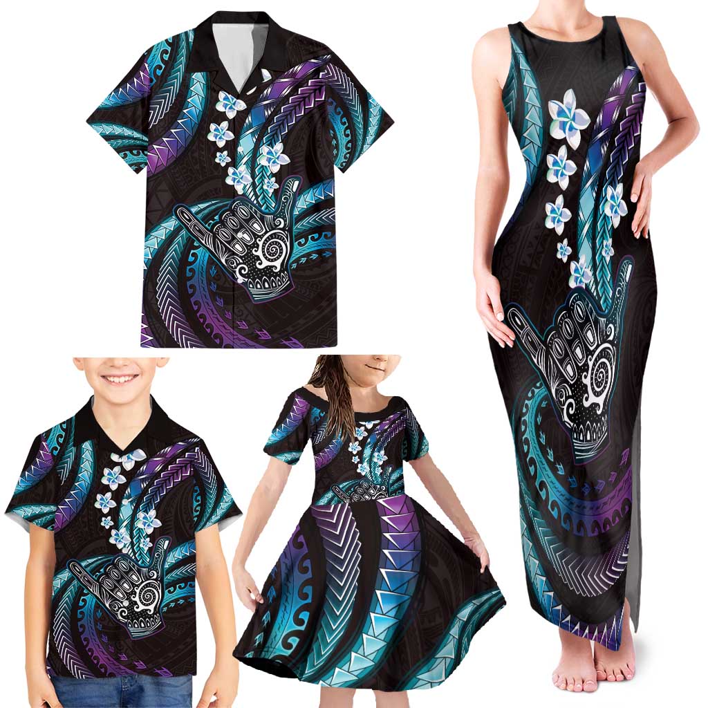 Hawaii Shaka Sign Family Matching Tank Maxi Dress and Hawaiian Shirt Fantastic Frangipani Amethyst Gradient