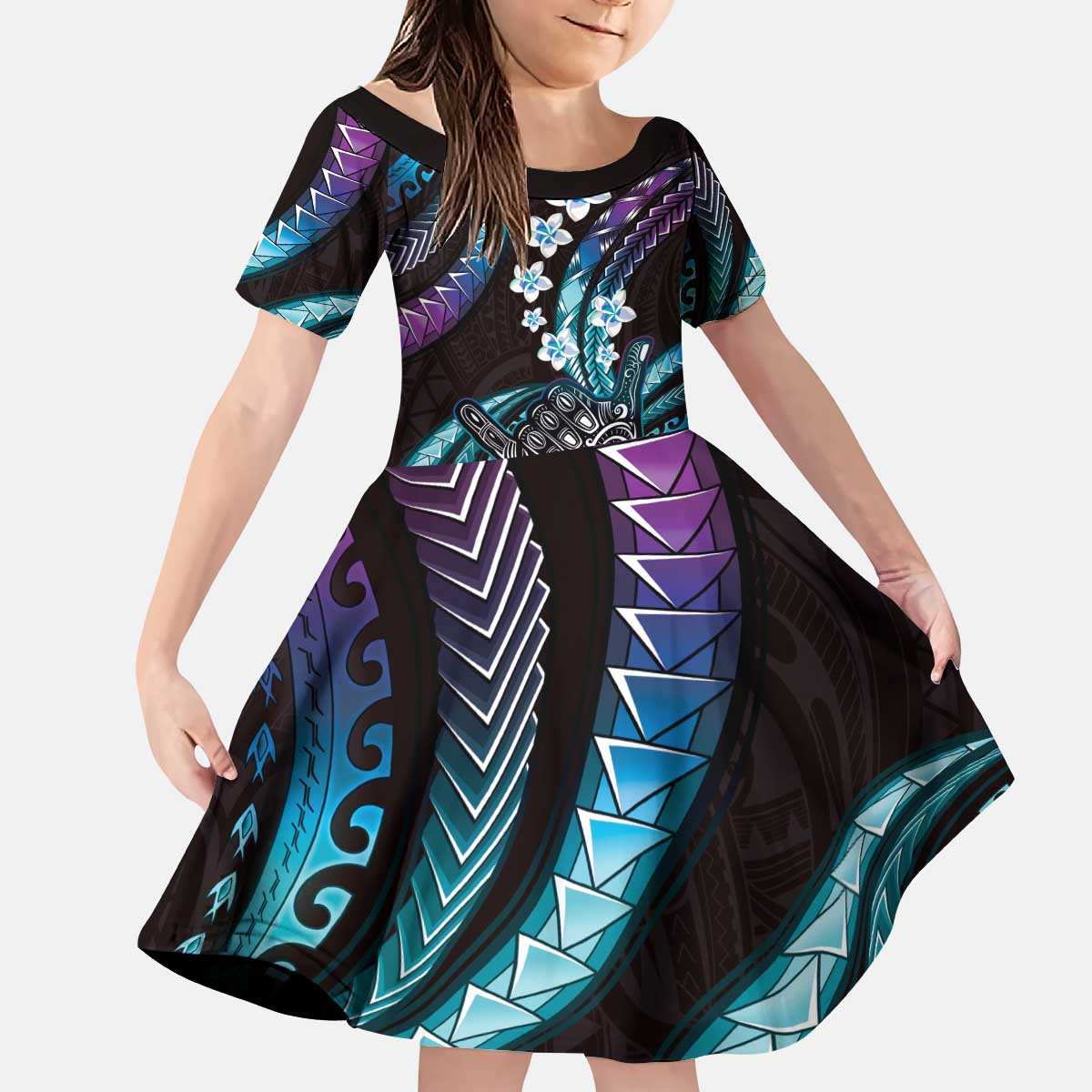 Hawaii Shaka Sign Kid Short Sleeve Dress Fantastic Frangipani Amethyst Gradient LT01 KID Purple - Polynesian Pride