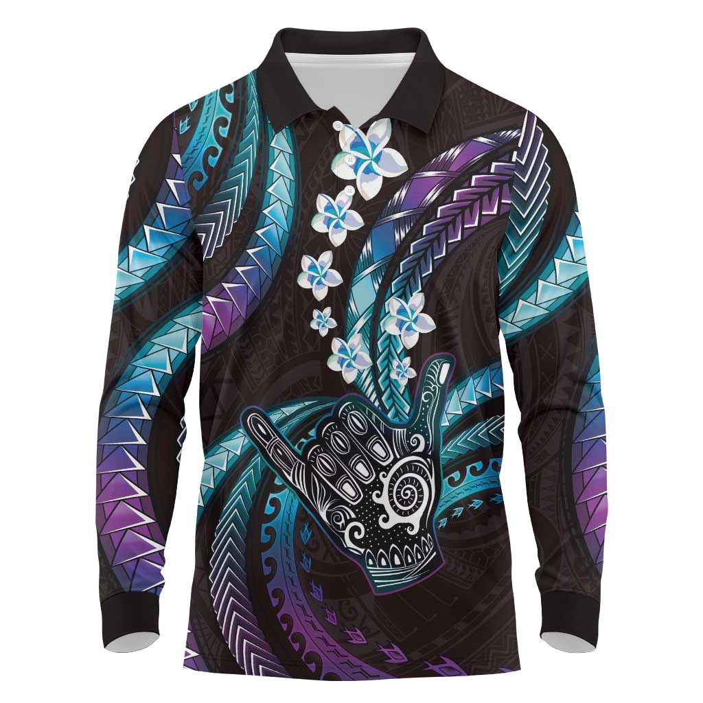 Hawaii Shaka Sign Long Sleeve Polo Shirt Fantastic Frangipani Amethyst Gradient