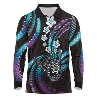 Hawaii Shaka Sign Long Sleeve Polo Shirt Fantastic Frangipani Amethyst Gradient