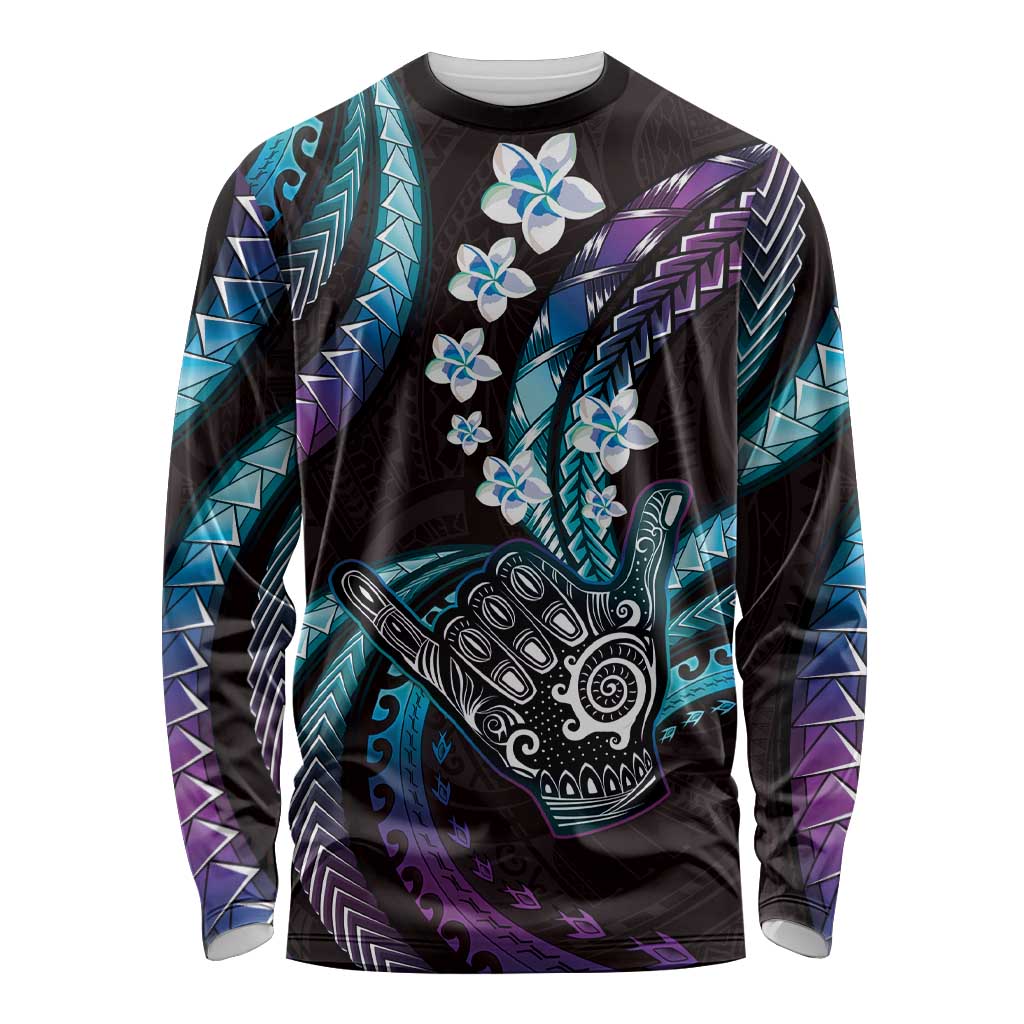 Hawaii Shaka Sign Long Sleeve Shirt Fantastic Frangipani Amethyst Gradient LT01 Unisex Purple - Polynesian Pride