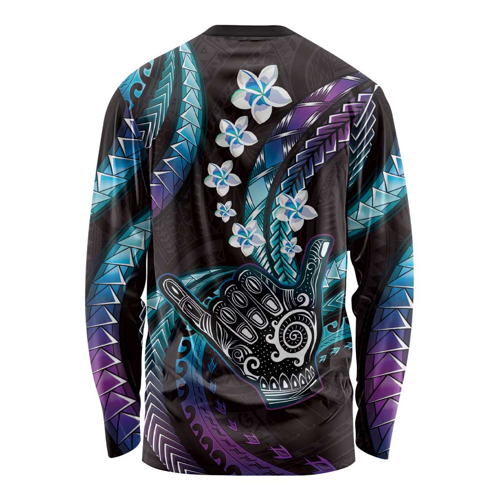 Hawaii Shaka Sign Long Sleeve Shirt Fantastic Frangipani Amethyst Gradient LT01 - Polynesian Pride