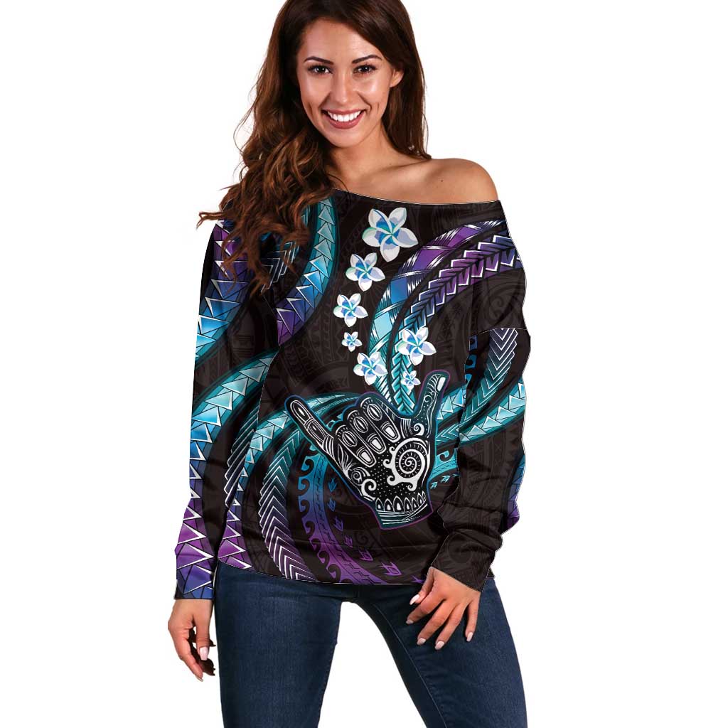 Hawaii Shaka Sign Off Shoulder Sweater Fantastic Frangipani Amethyst Gradient