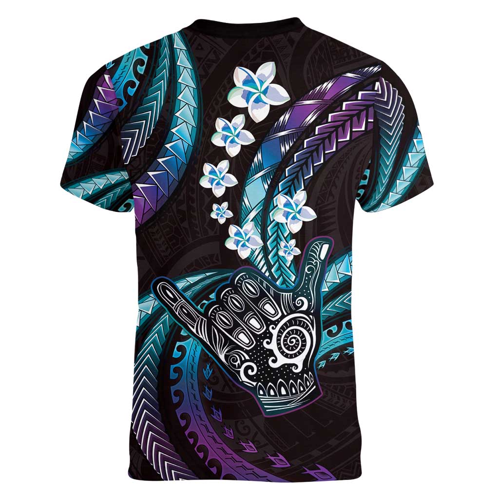 Hawaii Shaka Sign Women V-Neck T-Shirt Fantastic Frangipani Amethyst Gradient