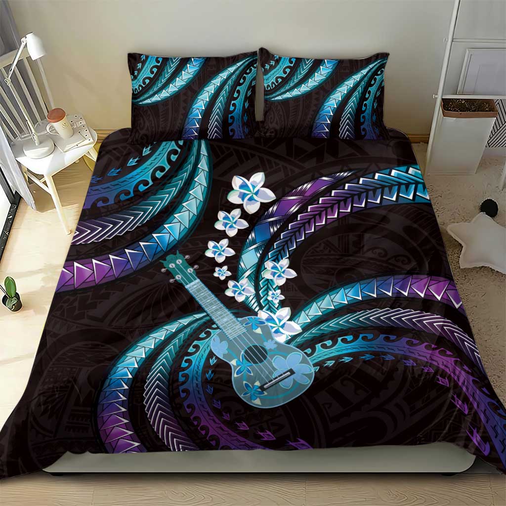 Hawaiian Ukulele Bedding Set Amethyst Gradient Fantastic Plumeria