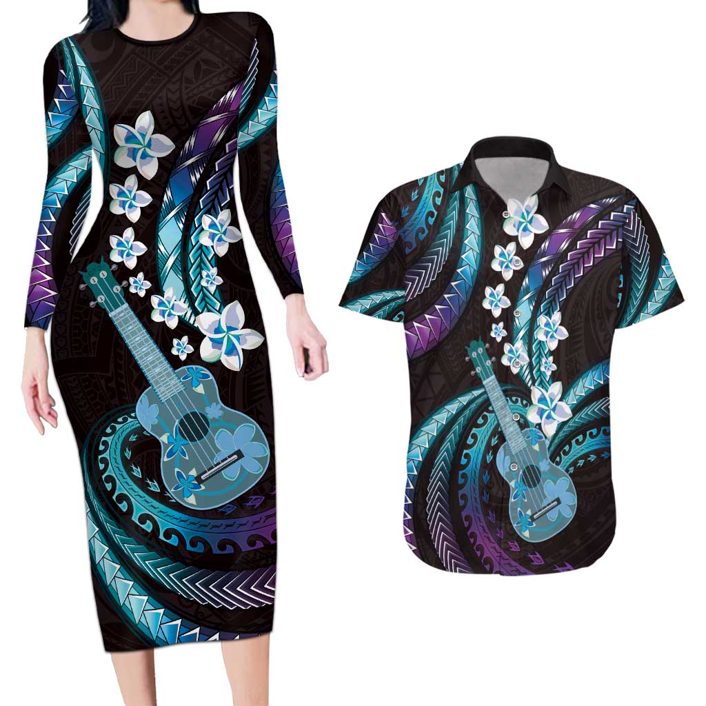 Hawaiian Ukulele Couples Matching Long Sleeve Bodycon Dress and Hawaiian Shirt Amethyst Gradient Fantastic Plumeria