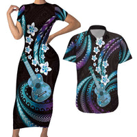 Hawaiian Ukulele Couples Matching Short Sleeve Bodycon Dress and Hawaiian Shirt Amethyst Gradient Fantastic Plumeria