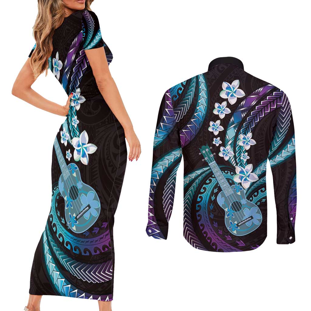 Hawaiian Ukulele Couples Matching Short Sleeve Bodycon Dress and Long Sleeve Button Shirt Amethyst Gradient Fantastic Plumeria