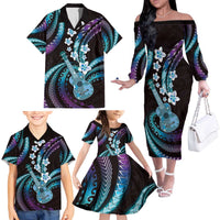 Hawaiian Ukulele Family Matching Off The Shoulder Long Sleeve Dress and Hawaiian Shirt Amethyst Gradient Fantastic Plumeria