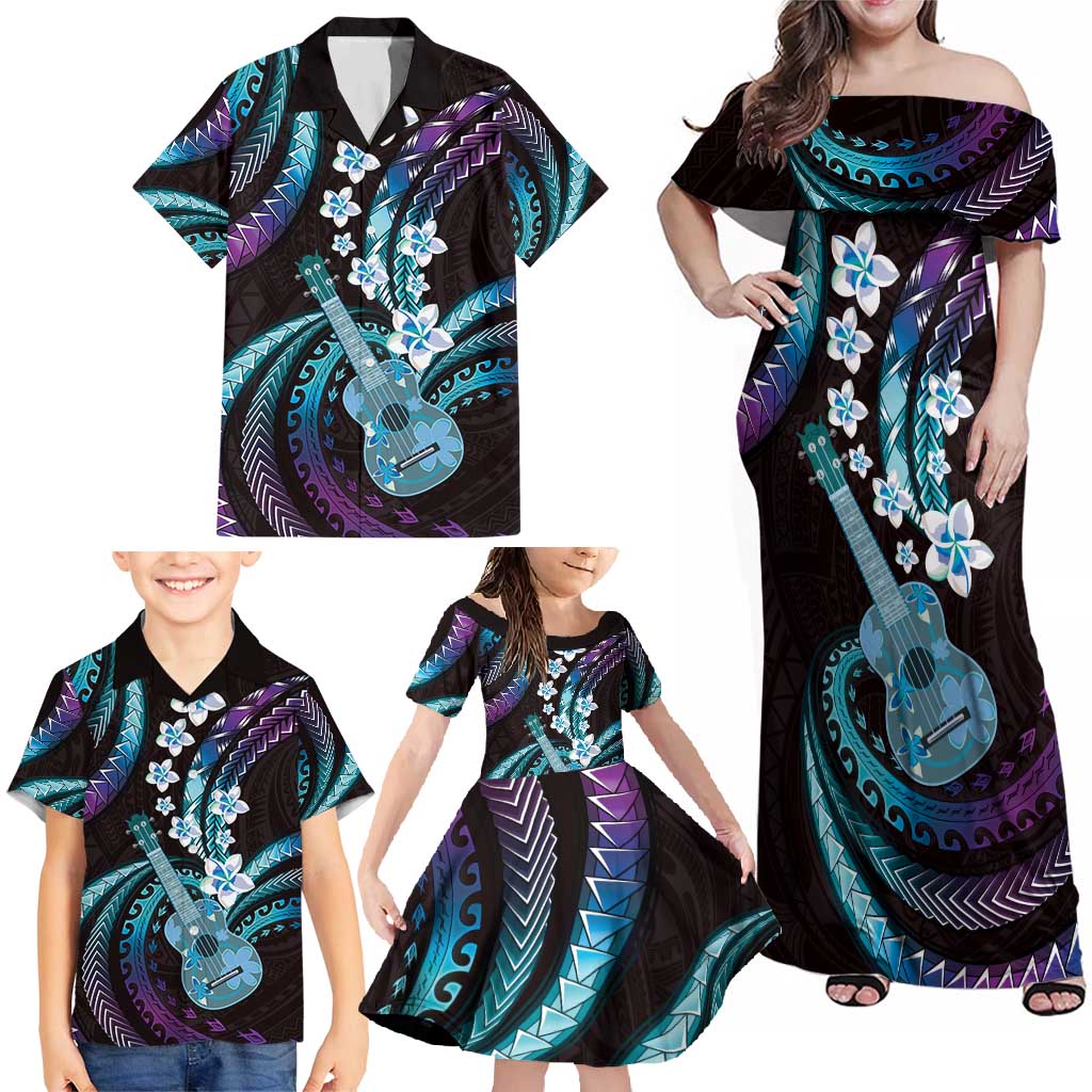 Hawaiian Ukulele Family Matching Off Shoulder Maxi Dress and Hawaiian Shirt Amethyst Gradient Fantastic Plumeria