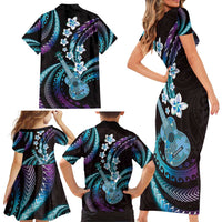Hawaiian Ukulele Family Matching Short Sleeve Bodycon Dress and Hawaiian Shirt Amethyst Gradient Fantastic Plumeria