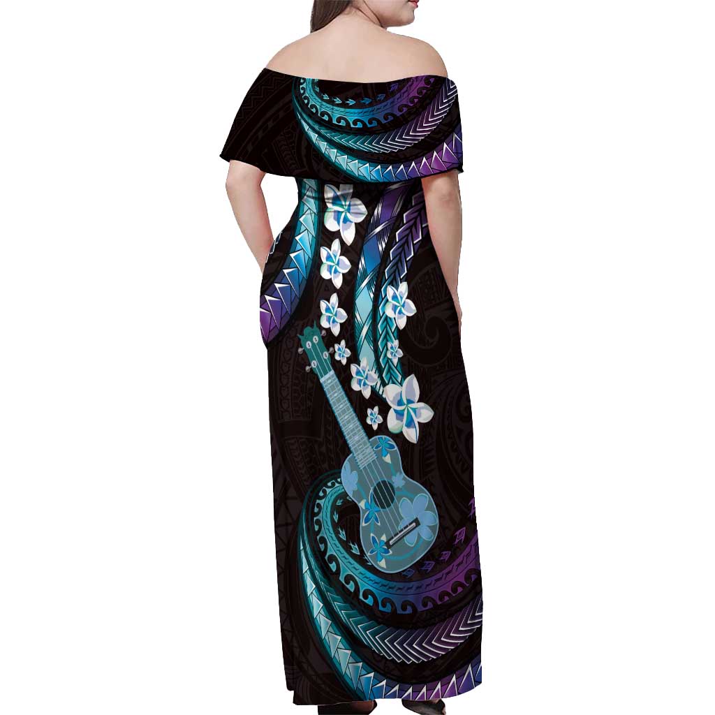 Hawaiian Ukulele Off Shoulder Maxi Dress Amethyst Gradient Fantastic Plumeria