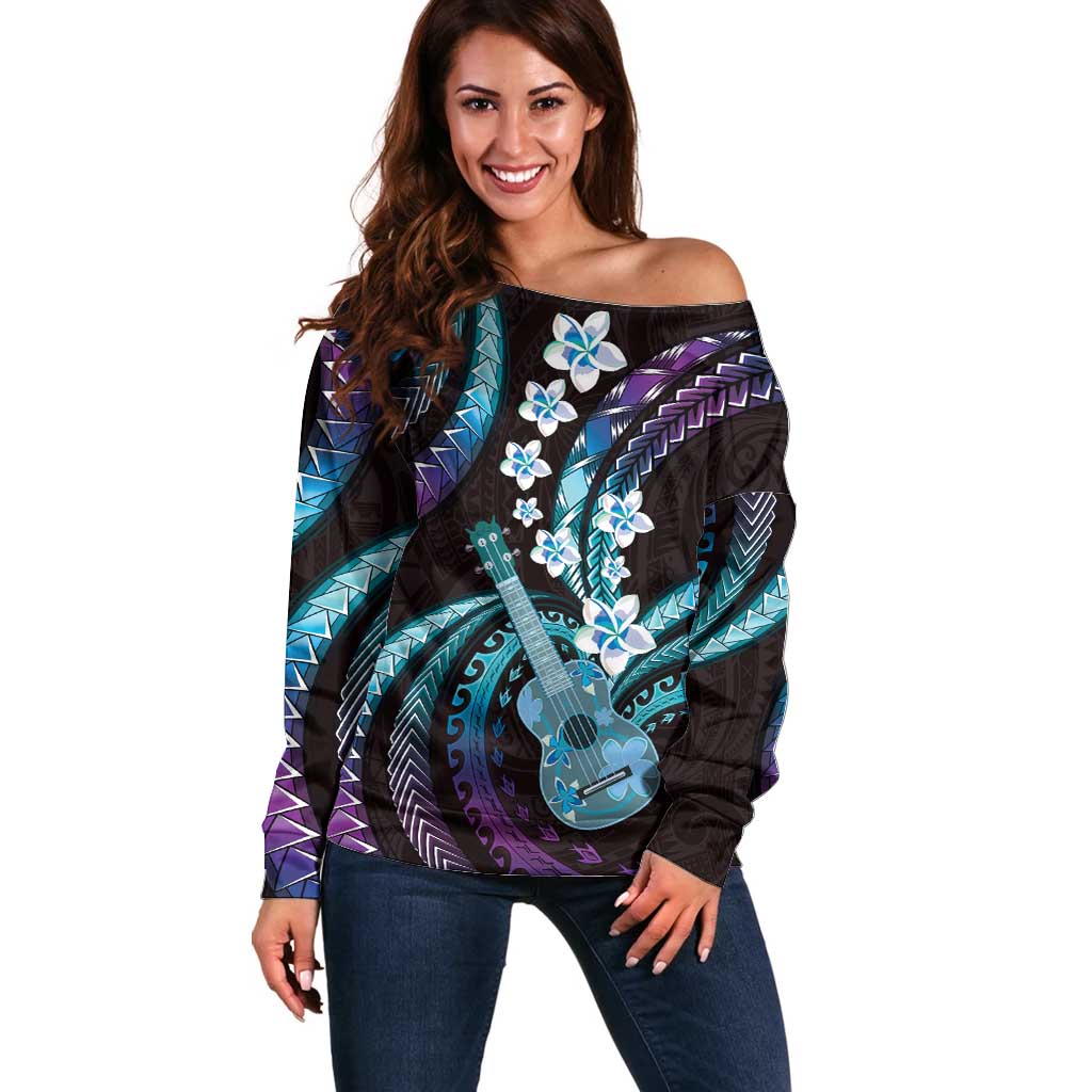 Hawaiian Ukulele Off Shoulder Sweater Amethyst Gradient Fantastic Plumeria