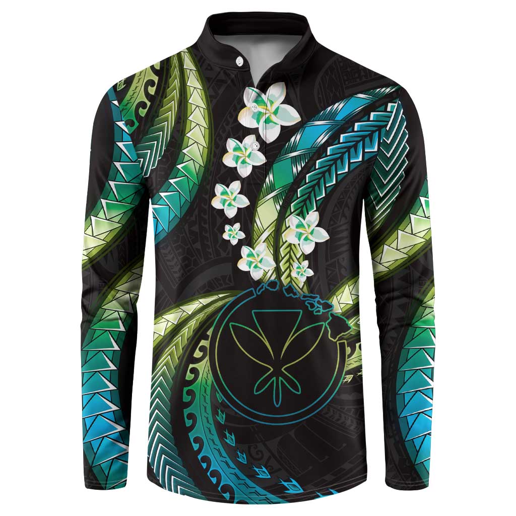 Hawaii Map Kanaka Maoli Button Sweatshirt Fantastic Frangipani Chartreuse Cyan