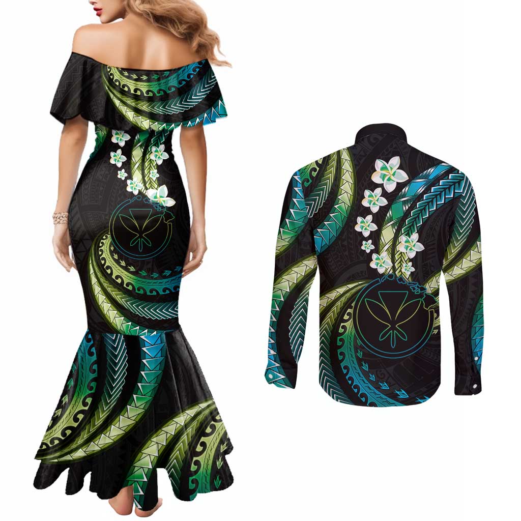 Hawaii Map Kanaka Maoli Couples Matching Mermaid Dress and Long Sleeve Button Shirt Fantastic Frangipani Chartreuse Cyan