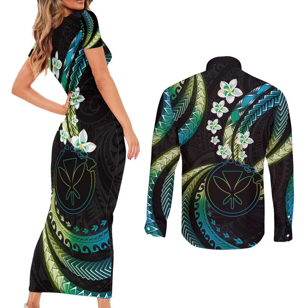 Hawaii Map Kanaka Maoli Couples Matching Short Sleeve Bodycon Dress and Long Sleeve Button Shirt Fantastic Frangipani Chartreuse Cyan