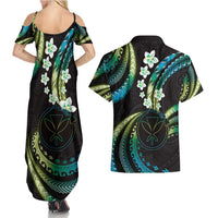 Hawaii Map Kanaka Maoli Couples Matching Summer Maxi Dress and Hawaiian Shirt Fantastic Frangipani Chartreuse Cyan