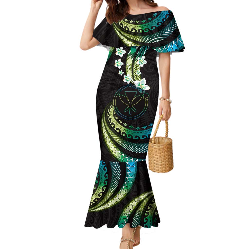 Hawaii Map Kanaka Maoli Family Matching Mermaid Dress and Hawaiian Shirt Fantastic Frangipani Chartreuse Cyan