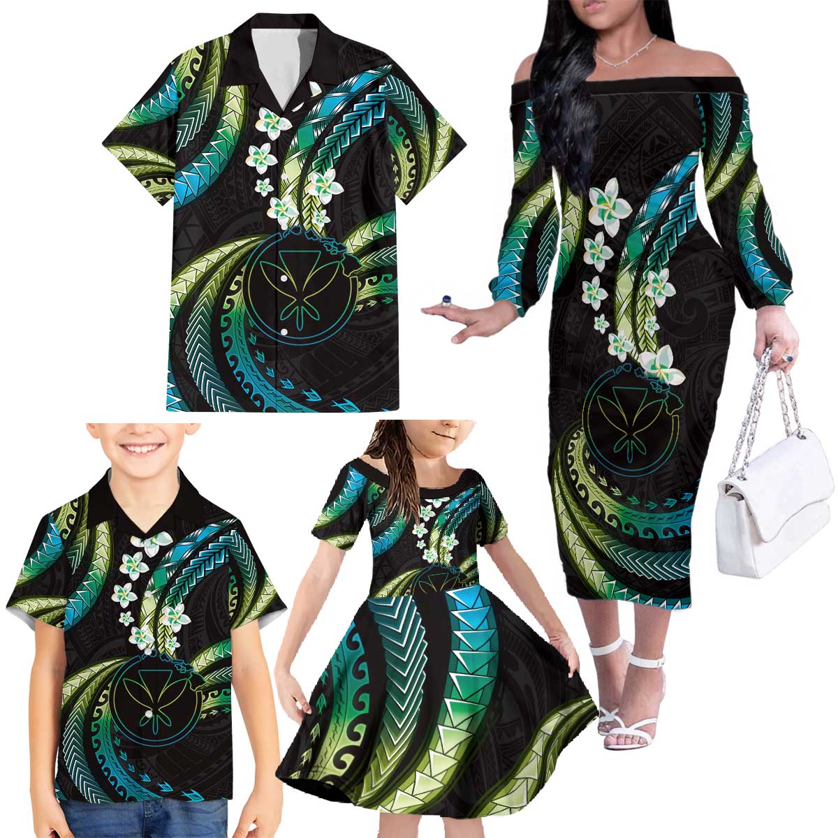 Hawaii Map Kanaka Maoli Family Matching Off The Shoulder Long Sleeve Dress and Hawaiian Shirt Fantastic Frangipani Chartreuse Cyan