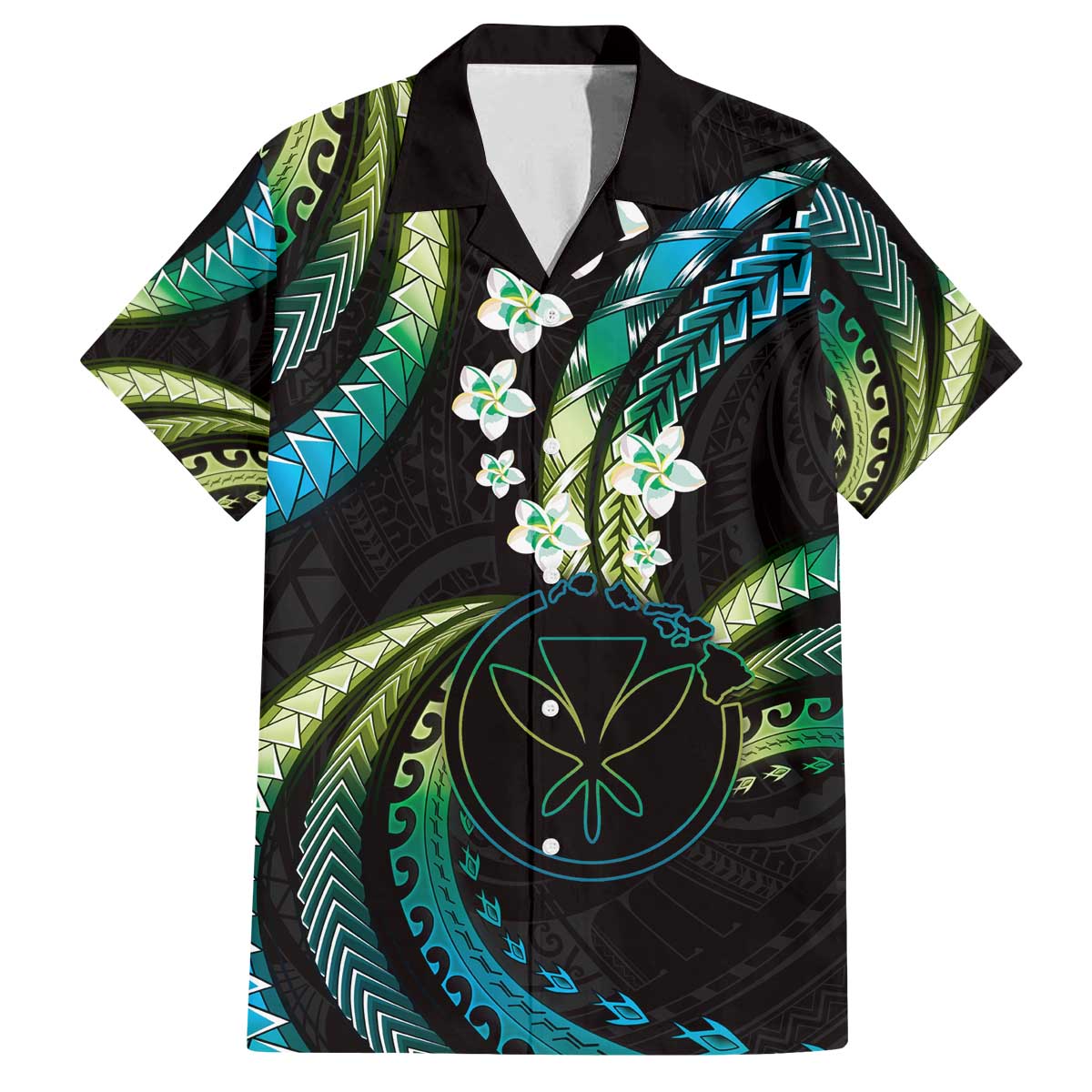 Hawaii Map Kanaka Maoli Family Matching Off The Shoulder Long Sleeve Dress and Hawaiian Shirt Fantastic Frangipani Chartreuse Cyan