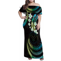 Hawaii Map Kanaka Maoli Family Matching Off Shoulder Maxi Dress and Hawaiian Shirt Fantastic Frangipani Chartreuse Cyan
