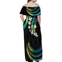 Hawaii Map Kanaka Maoli Family Matching Off Shoulder Maxi Dress and Hawaiian Shirt Fantastic Frangipani Chartreuse Cyan