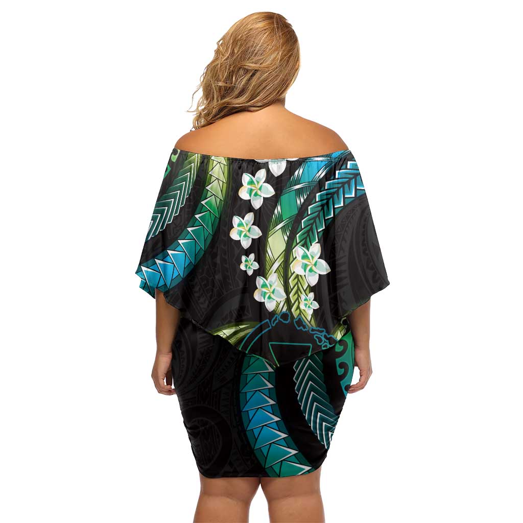 Hawaii Map Kanaka Maoli Family Matching Off Shoulder Short Dress and Hawaiian Shirt Fantastic Frangipani Chartreuse Cyan