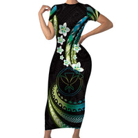 Hawaii Map Kanaka Maoli Family Matching Short Sleeve Bodycon Dress and Hawaiian Shirt Fantastic Frangipani Chartreuse Cyan