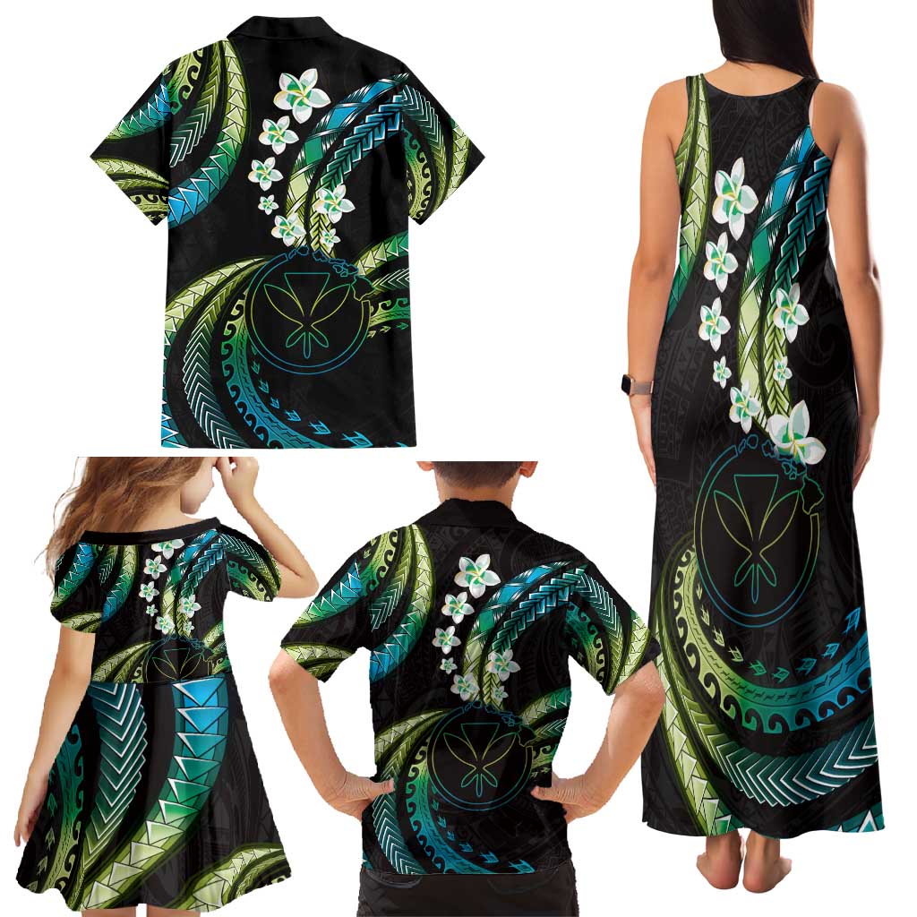 Hawaii Map Kanaka Maoli Family Matching Tank Maxi Dress and Hawaiian Shirt Fantastic Frangipani Chartreuse Cyan