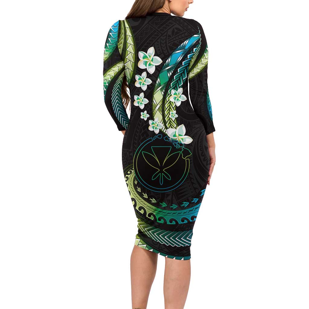 Hawaii Map Kanaka Maoli Long Sleeve Bodycon Dress Fantastic Frangipani Chartreuse Cyan