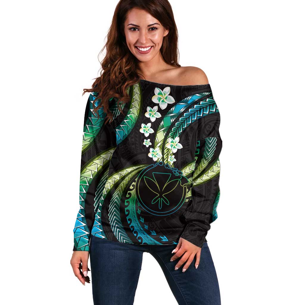 Hawaii Map Kanaka Maoli Off Shoulder Sweater Fantastic Frangipani Chartreuse Cyan