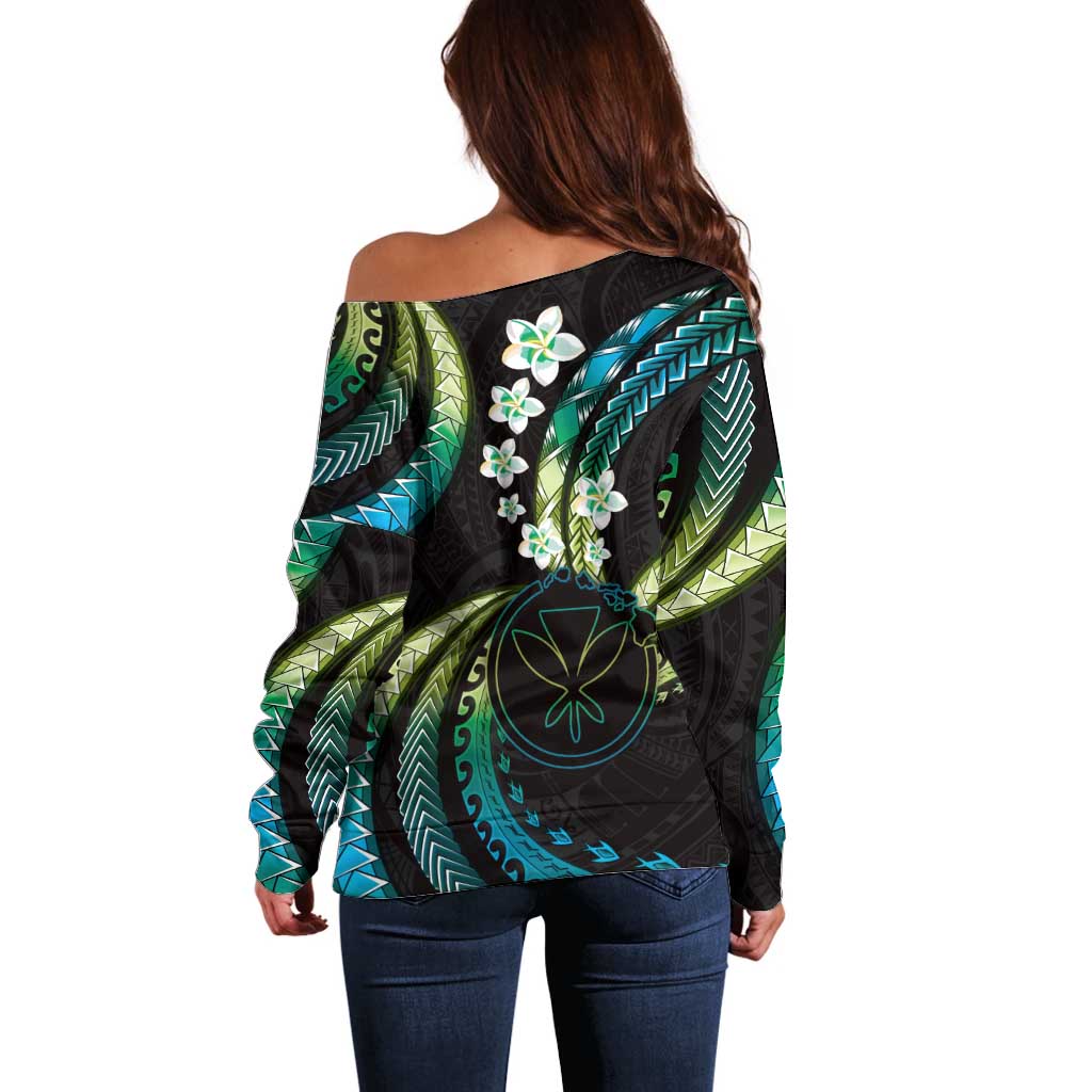 Hawaii Map Kanaka Maoli Off Shoulder Sweater Fantastic Frangipani Chartreuse Cyan