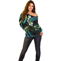 Hawaii Map Kanaka Maoli Off Shoulder Sweater Fantastic Frangipani Chartreuse Cyan