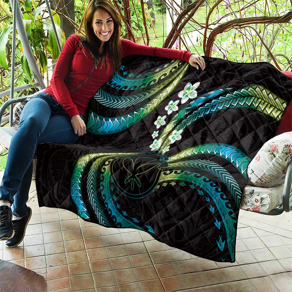 Hawaii Map Kanaka Maoli Quilt Fantastic Frangipani Chartreuse Cyan