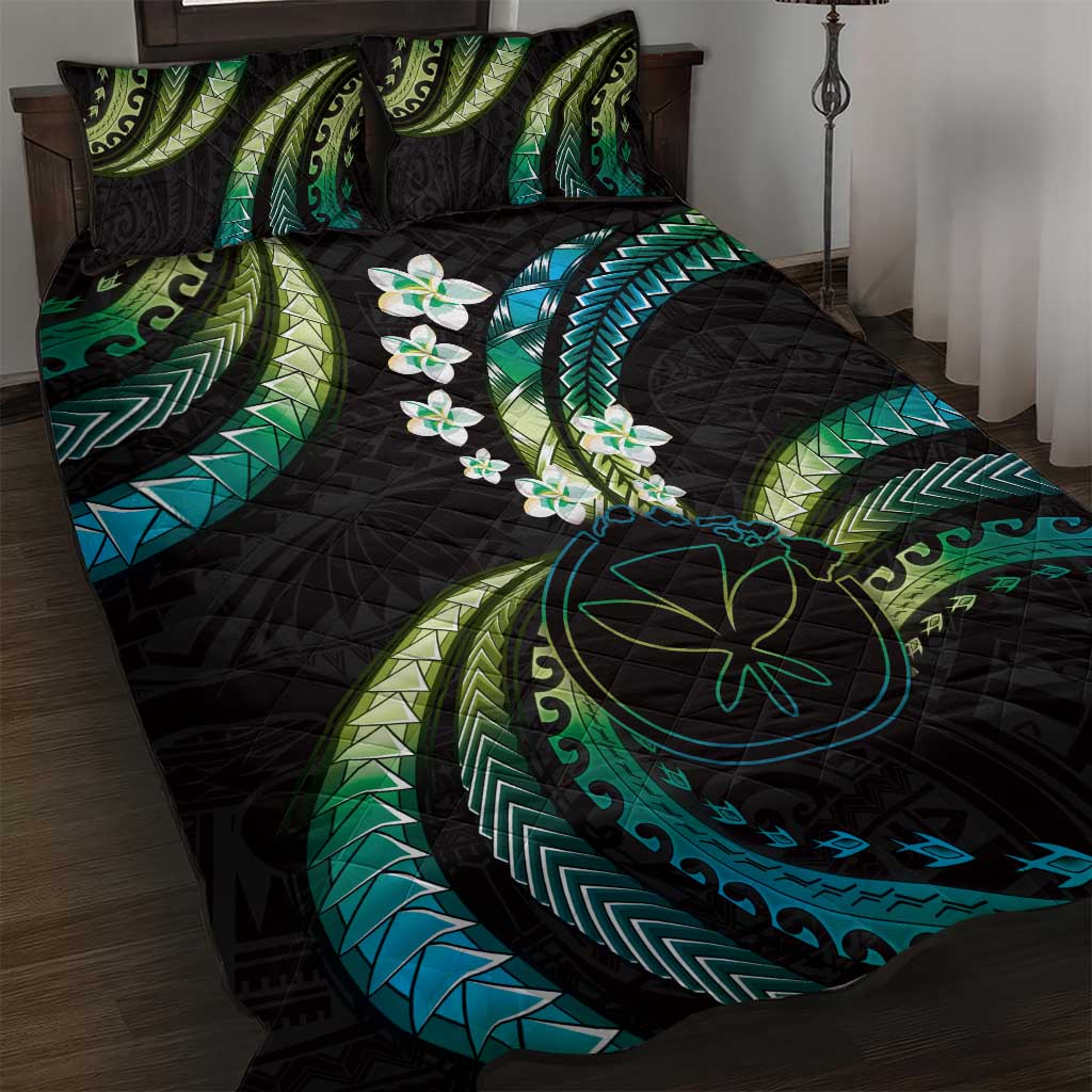 Hawaii Map Kanaka Maoli Quilt Bed Set Fantastic Frangipani Chartreuse Cyan