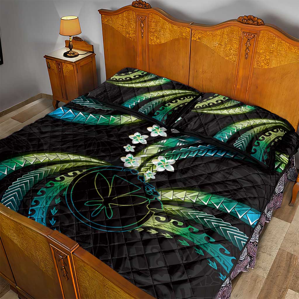 Hawaii Map Kanaka Maoli Quilt Bed Set Fantastic Frangipani Chartreuse Cyan