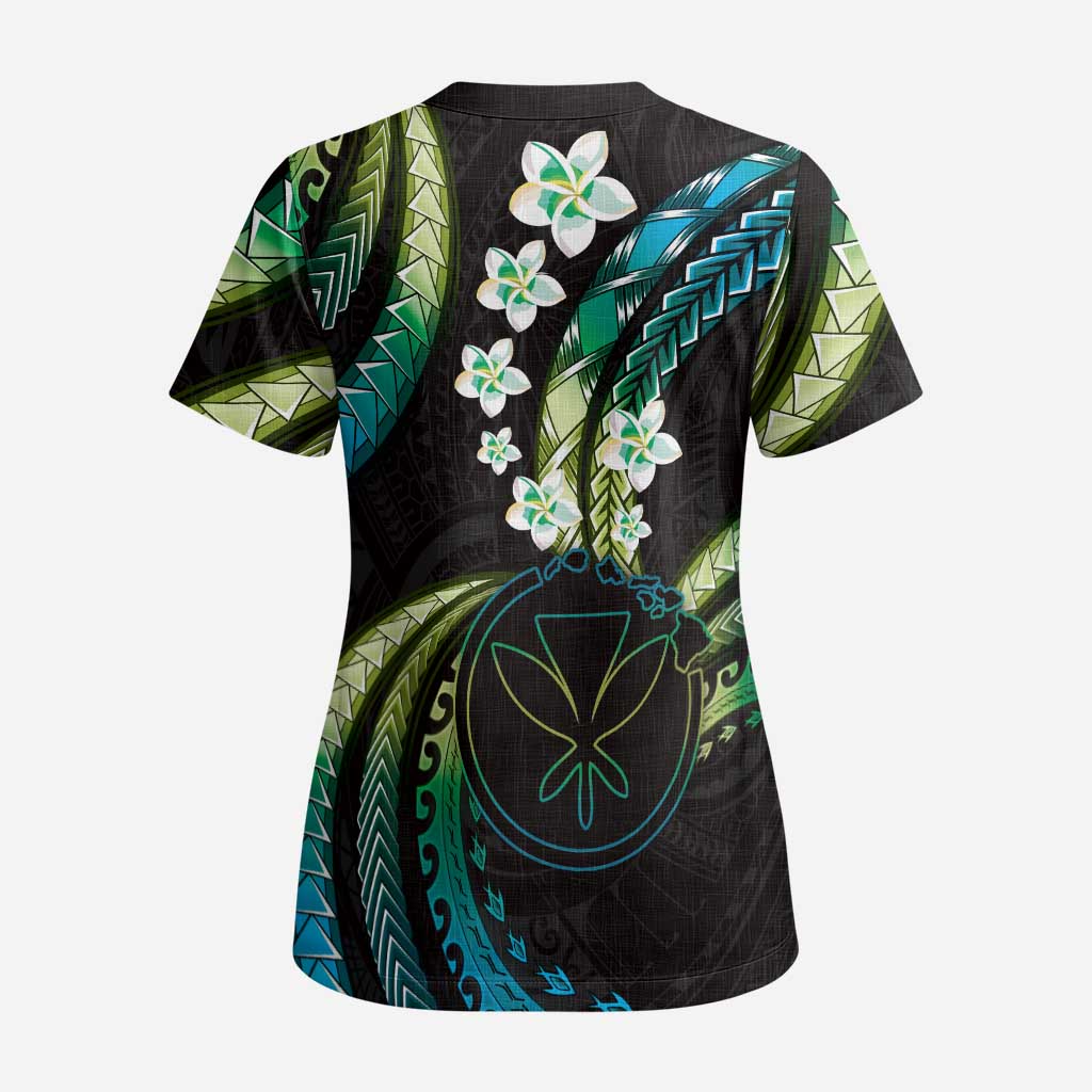 Hawaii Map Kanaka Maoli Scrub Top Fantastic Frangipani Chartreuse Cyan - Polynesian Pride