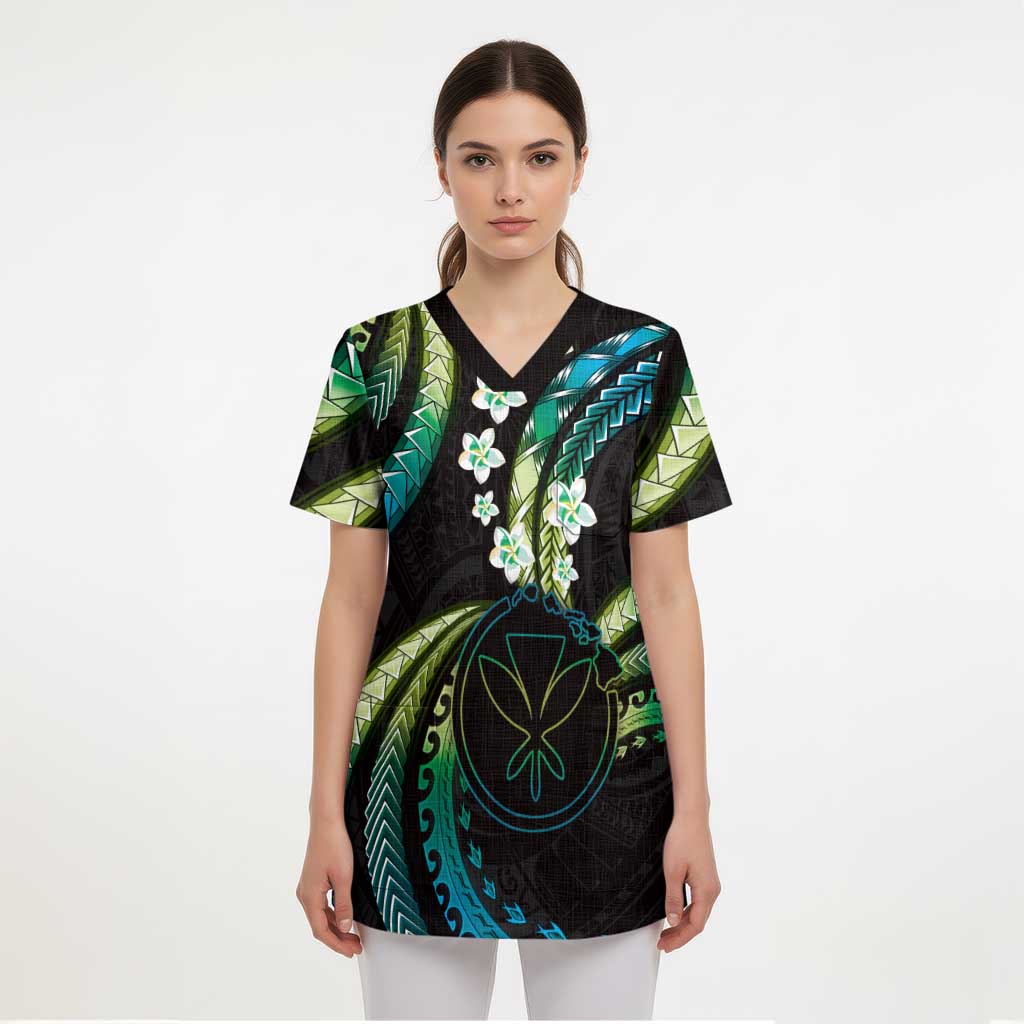 Hawaii Map Kanaka Maoli Scrub Top Fantastic Frangipani Chartreuse Cyan - Polynesian Pride