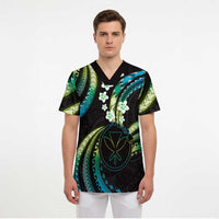 Hawaii Map Kanaka Maoli Scrub Top Fantastic Frangipani Chartreuse Cyan - Polynesian Pride