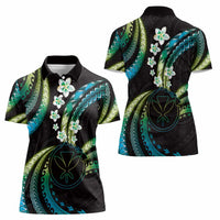 Hawaii Map Kanaka Maoli Women Polo Shirt Fantastic Frangipani Chartreuse Cyan