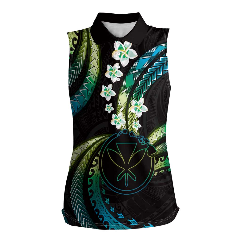 Hawaii Map Kanaka Maoli Women Sleeveless Polo Shirt Fantastic Frangipani Chartreuse Cyan